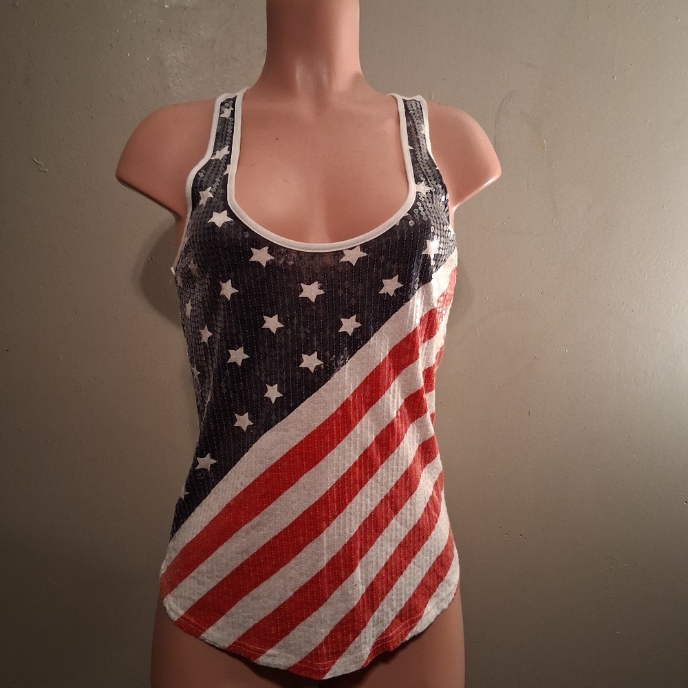Rue21 American Flag Print Patriotic Tank Top with Sequin Details Size M